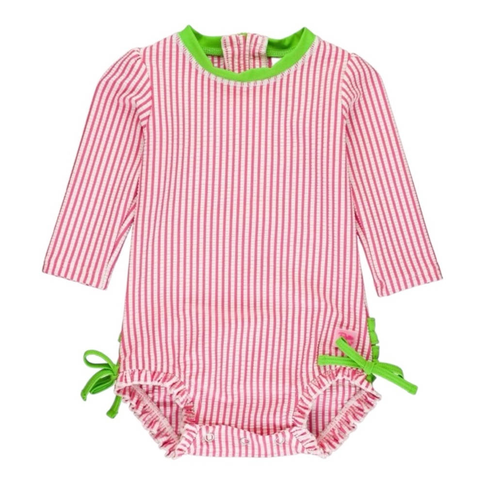 RuffleButts | Infant Seersucker Long Sleeve One Piece Rash Guard Hot Pink - 3-6m